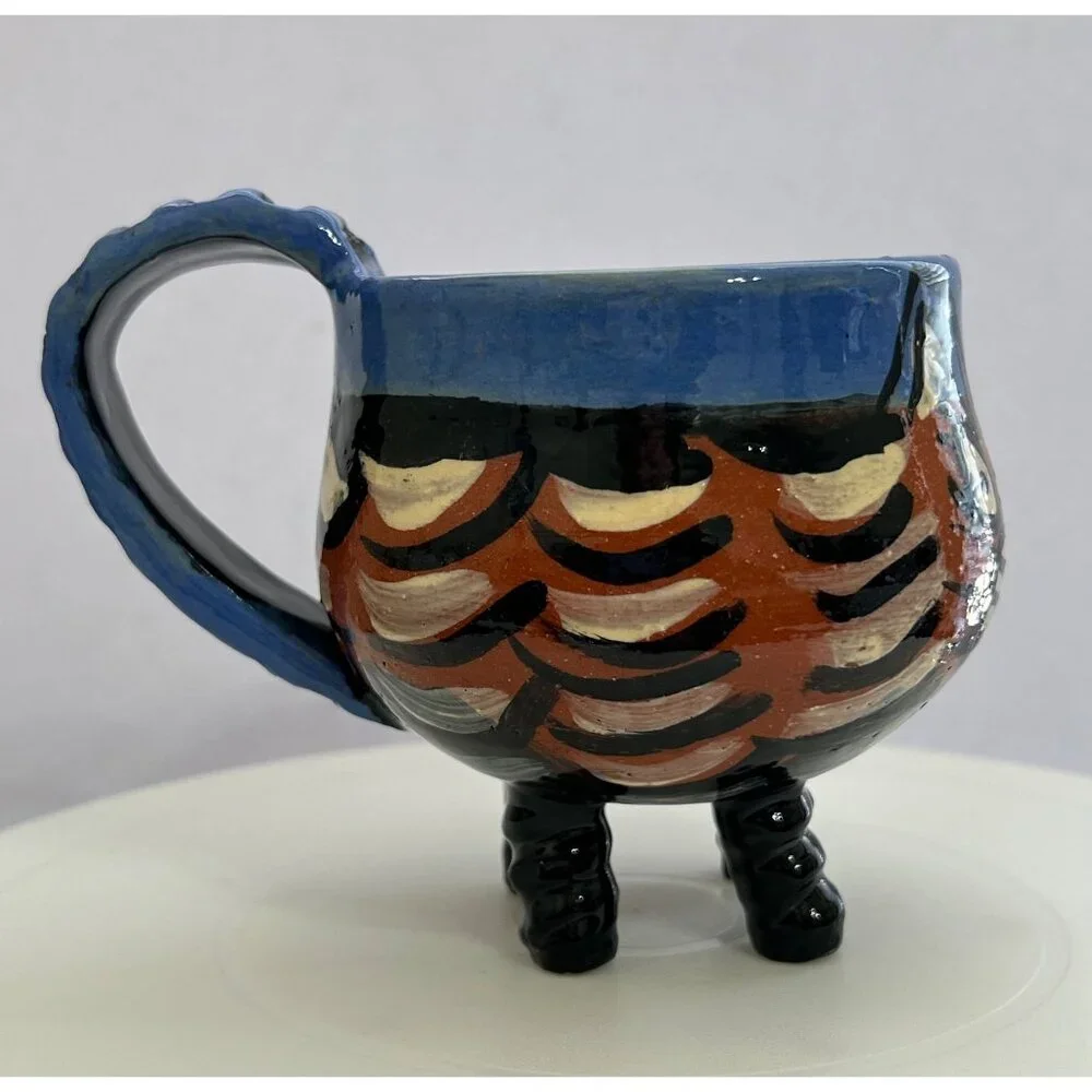 Handmade Pottery Cat Mug Sculpted Legs & Handle Blue Brown Black Whimsical Fun - Picture 4 of 9